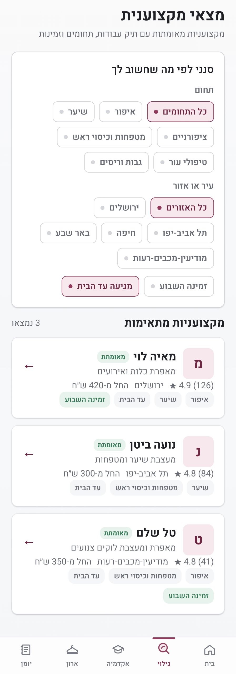 מסך גילוי מקצועניות לפי תחום ועיר